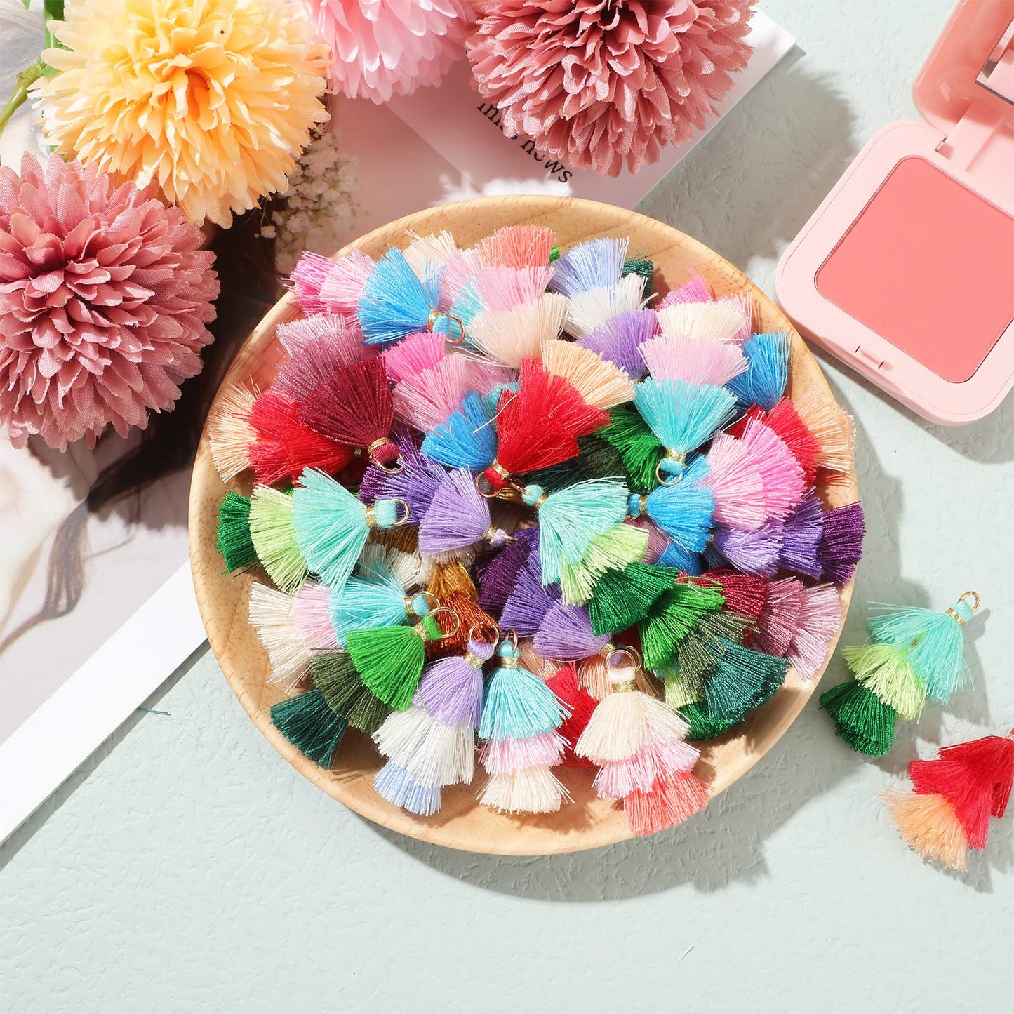 Dingion 100Pcs Tiny Tri Layered Keychain Tassels Mini Tassel Craft Jewelry Making Tassel for Earring Bookmark(Fresh Colors)
