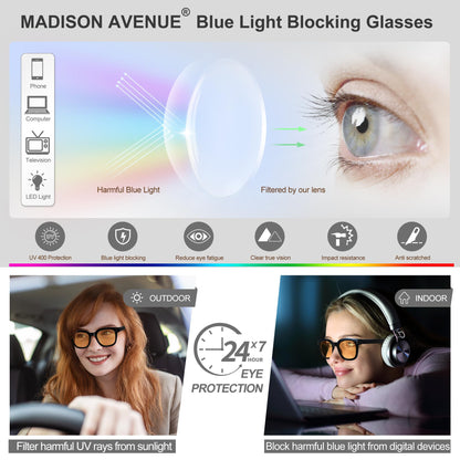 Madison Avenue Blue Light Blocking Computer Glasses Oversized Blue Light Glasses for Women Men Anti Eyestrain & UV Protection Gaming Eyeglasses(Black)