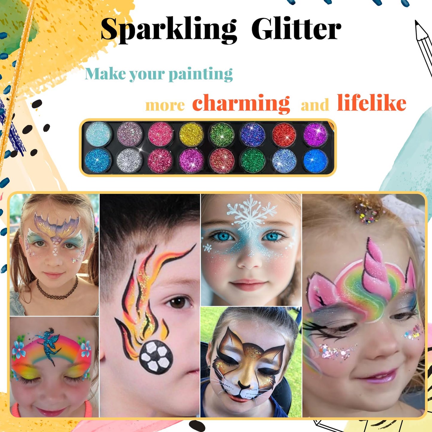 Face Painting Kit for Kids, 42 Colors Professional Face Paint Makeup Kit Non-Toxic Water Activated Facepaint Palette with Brush, Stencil, Sponge, Gem, for Party Halloween Christmas (42 Colors)