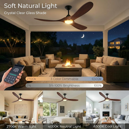 Wall Switch-60 inch Outdoor Ceiling Fan with Light Remote for Patios, Wet Rated Wood 3-Blade Propeller Ceiling Fans, Smart APP, High CFM 6-Speed DC Motor for Exterior Indoor, 3 LED Glass Lamp, Walnut