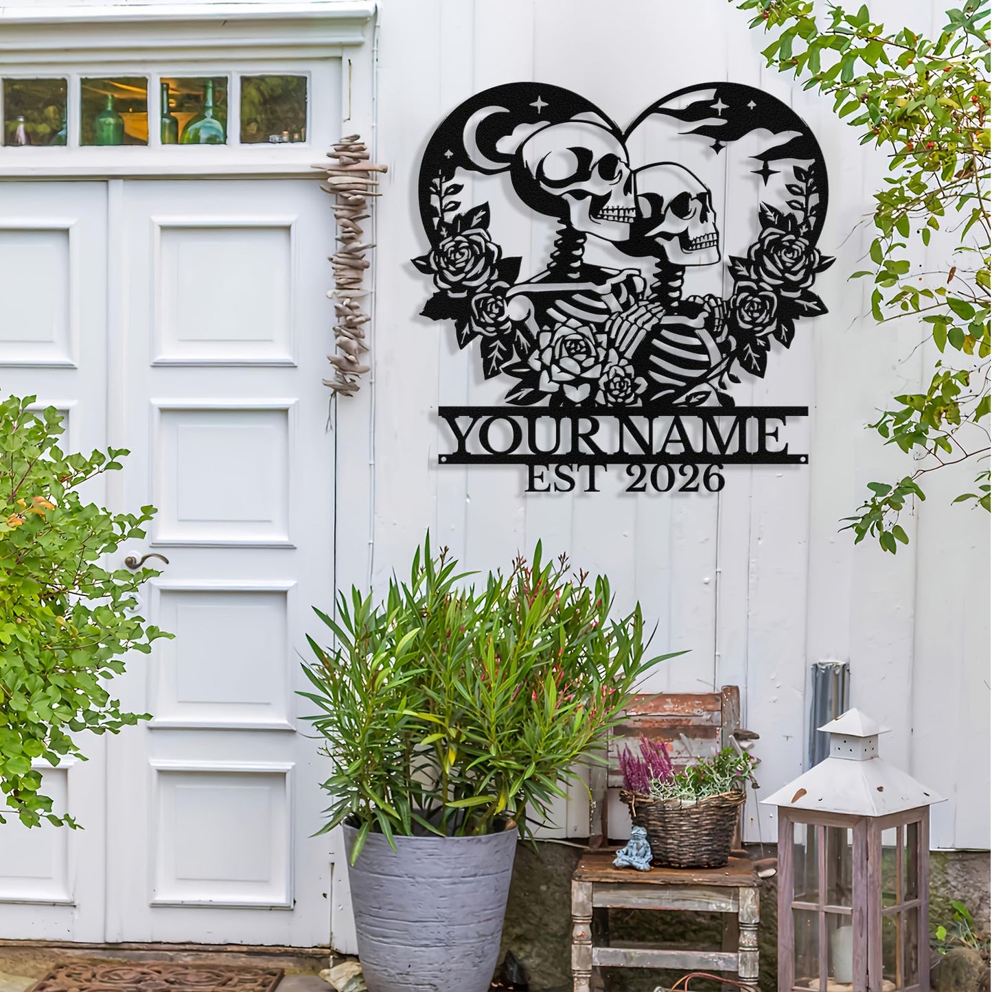 Personalized Skeleton Couple Metal Sign, Custom Skull Couple Name Sign Wall Decor Romantic Skull Lovers Wall Art Gothic Wedding Decor Personalized Wedding Valentine's Day Gift for Couples