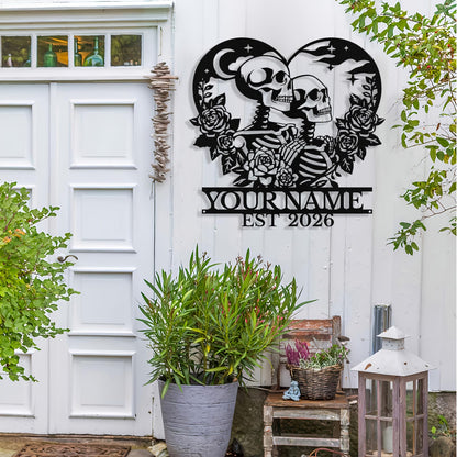 Personalized Skeleton Couple Metal Sign, Custom Skull Couple Name Sign Wall Decor Romantic Skull Lovers Wall Art Gothic Wedding Decor Personalized Wedding Valentine's Day Gift for Couples