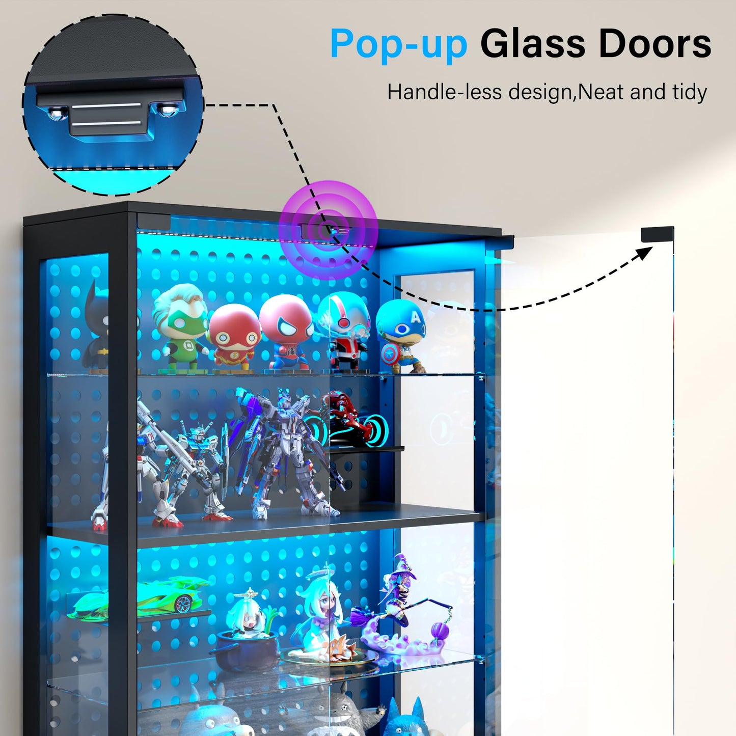kepptory 5-Tier Glass Display Cabinet with Drawer and Glass Doors, Curio Cabinet with Pegboard and Adjustable Shelves, LED Display Case for Collectibles Gaming Liquor(31.5" W)
