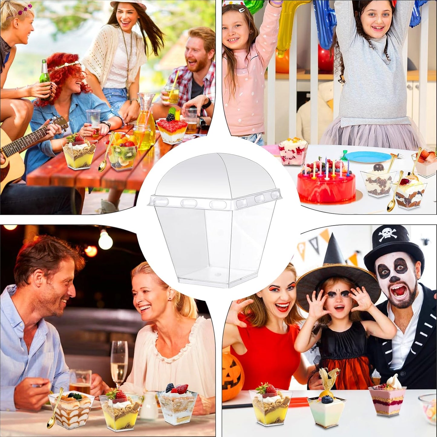 150 Pack 8oz 50, Square Plastic Dessert Cups with Dome Lids and Mini Gold Spoons, Clear Yogurt Parfait Cups Serves