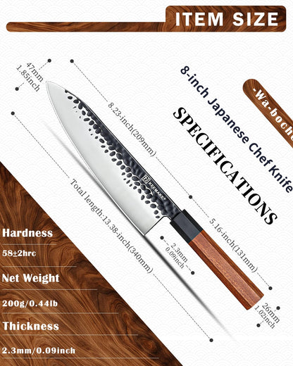 KEEMAKE 8 Inch Chef Knife, Japanese Hand Forged High Carbon Steel Kitchen Knives with Ergonomic Rosewood Handle, Ultra Sharp Durable Professional Gyuto Knife for Meat & Veggie Slicing