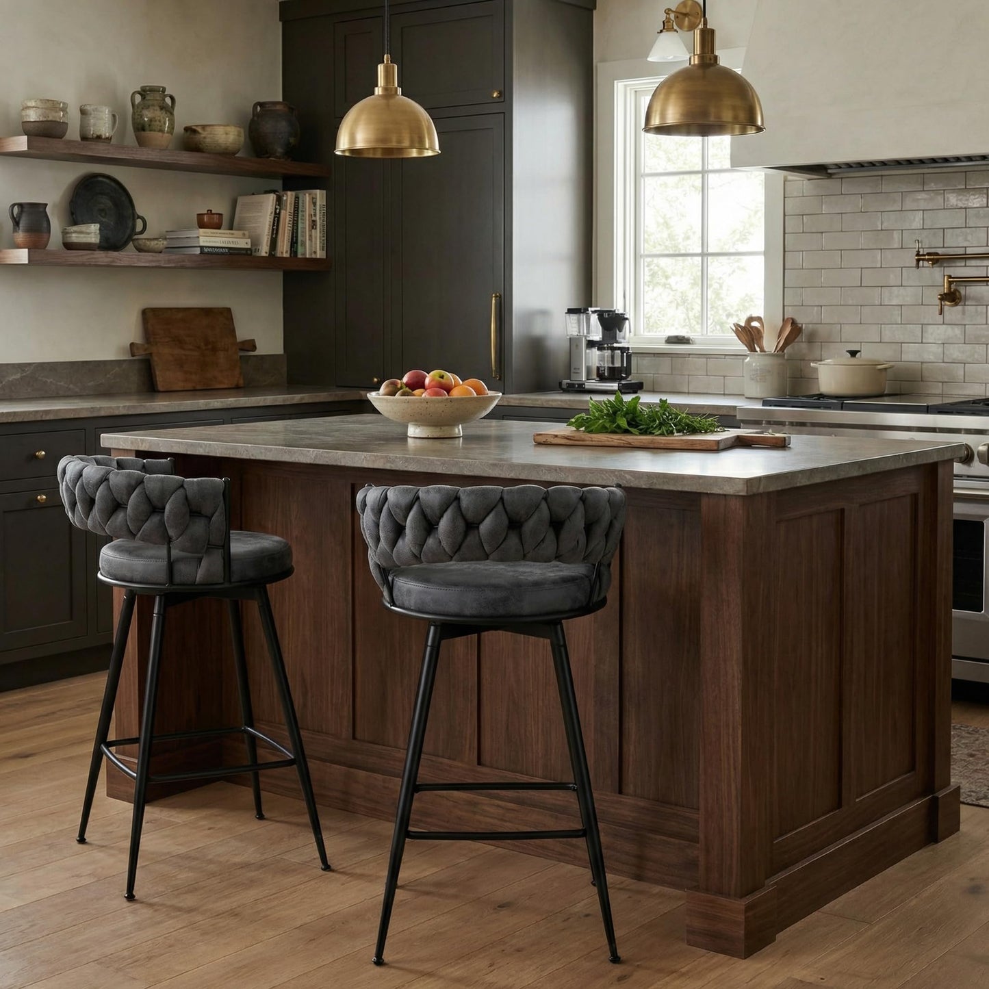 YOUNIKE Bar Stools Set of 2, 28.7 inch Seat Height Bar Chairs, 360° Swivel Counter Height Barstools with Woven Back and Armrest, Upholstered Suede Fabric Counter Stools for Kitchen Island, Pub, Grey