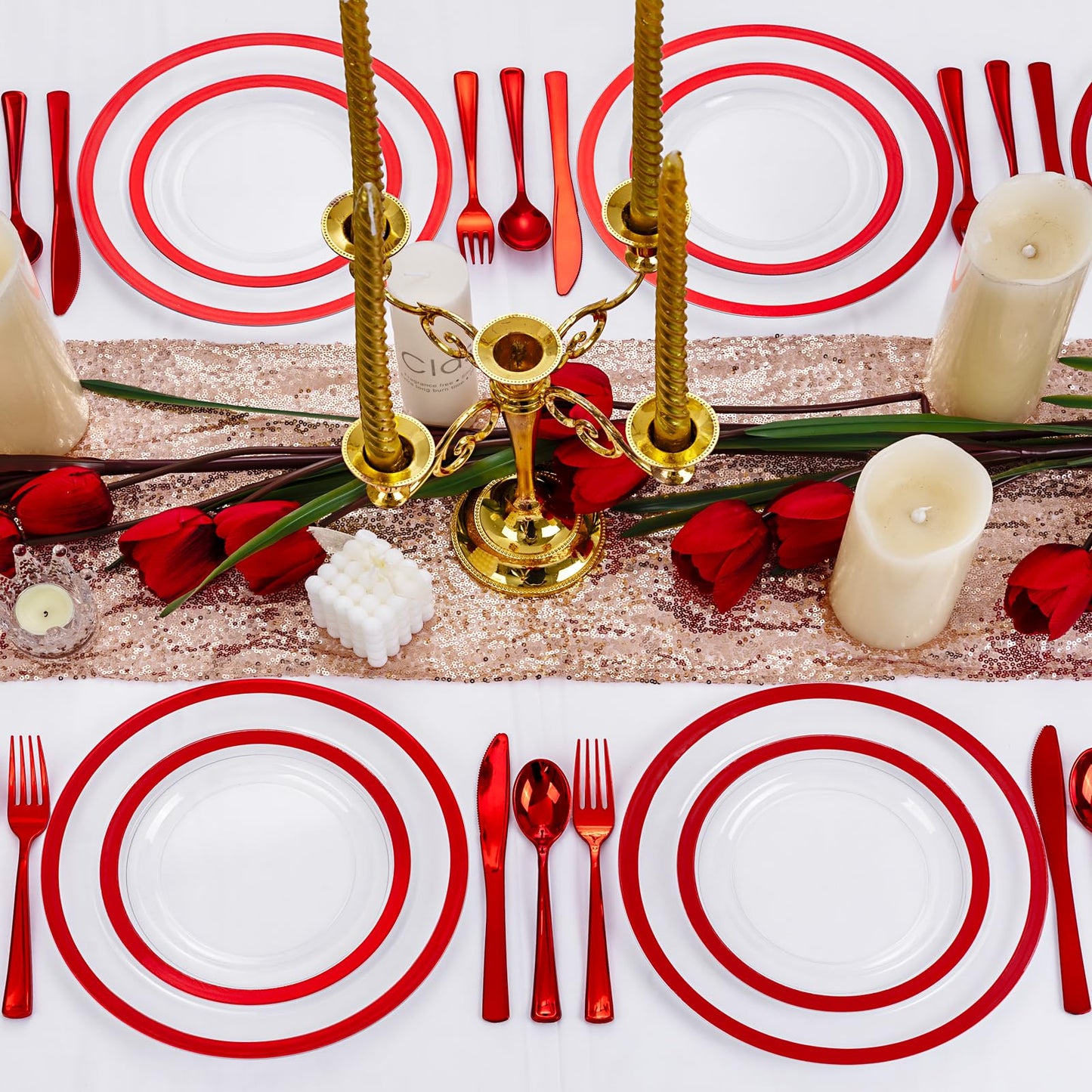 U-QE 120PCS Red Plastic Plates for Party - Red Plates Disposable Heavy Duty - Fancy Disposable Plates Include 60 10" Dinner and 60 7" Dessert Platos for Party, Mother's Day & Special Moments