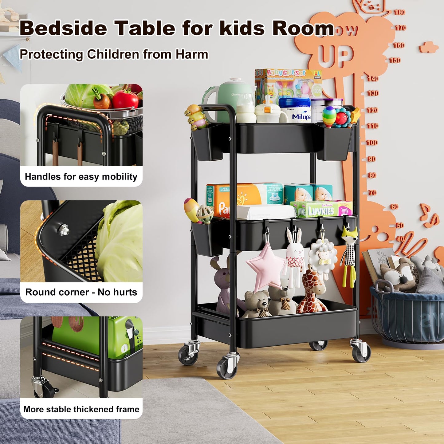 3 Tier Rolling Cart on Wheels, Metal Utility Storage Cart with Wheels, Three Tiered Craft Carts Organizer with Hanging Cups, Hooks, Mesh Basket for Bedside, Kitchen, Bathroom, Office, Art, Snack,Black