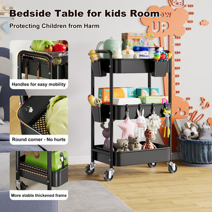 3 Tier Rolling Cart on Wheels, Metal Utility Storage Cart with Wheels, Three Tiered Craft Carts Organizer with Hanging Cups, Hooks, Mesh Basket for Bedside, Kitchen, Bathroom, Office, Art, Snack,Black