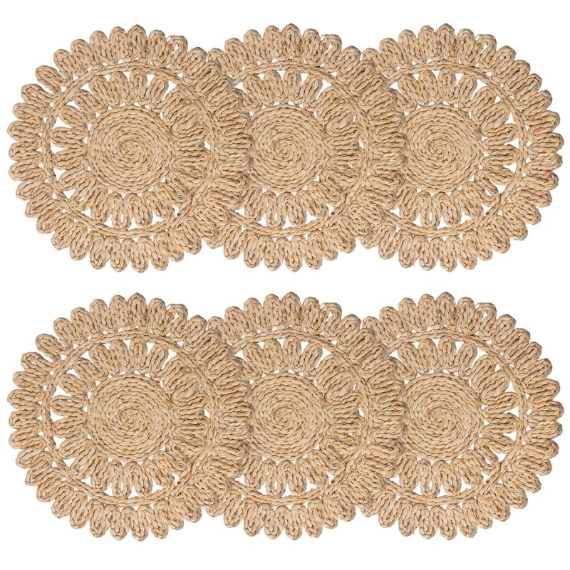 DELAQIKO 13.8" Round Corn Husk Placemats | Boho Woven Rattan Table Mats | Natural Spring Farmhouse Plate Chargers | Handmade Rustic Wicker Place Mats for Christmas Wedding (Set of 6)