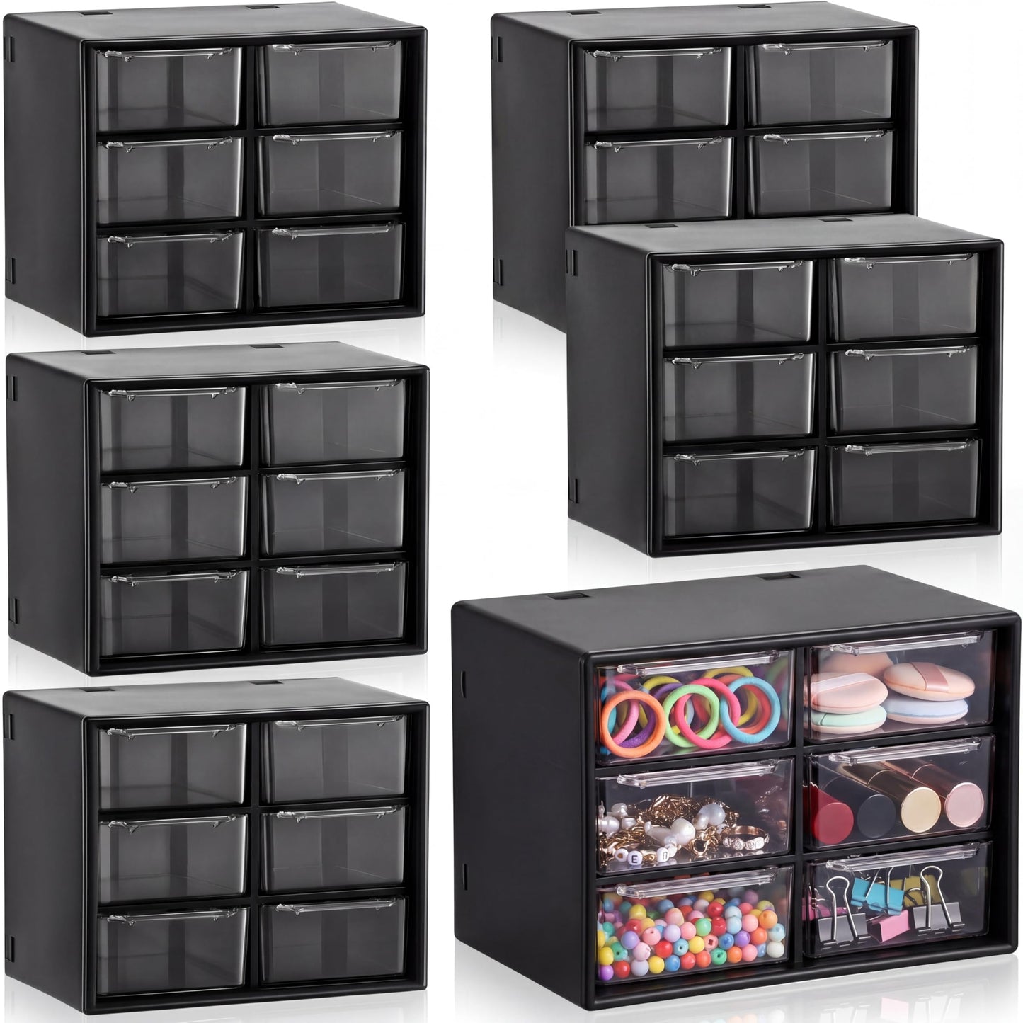 Patelai 6 Pcs Mini Desktop Drawer Box Drawers 6 Grid Plastic Desk Organizer Office Supplies and Jewelry Storage Box for Jewelry Cosmetics Hair Clip Sundries, Black