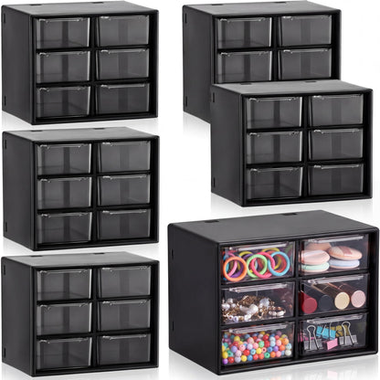 Patelai 6 Pcs Mini Desktop Drawer Box Drawers 6 Grid Plastic Desk Organizer Office Supplies and Jewelry Storage Box for Jewelry Cosmetics Hair Clip Sundries, Black