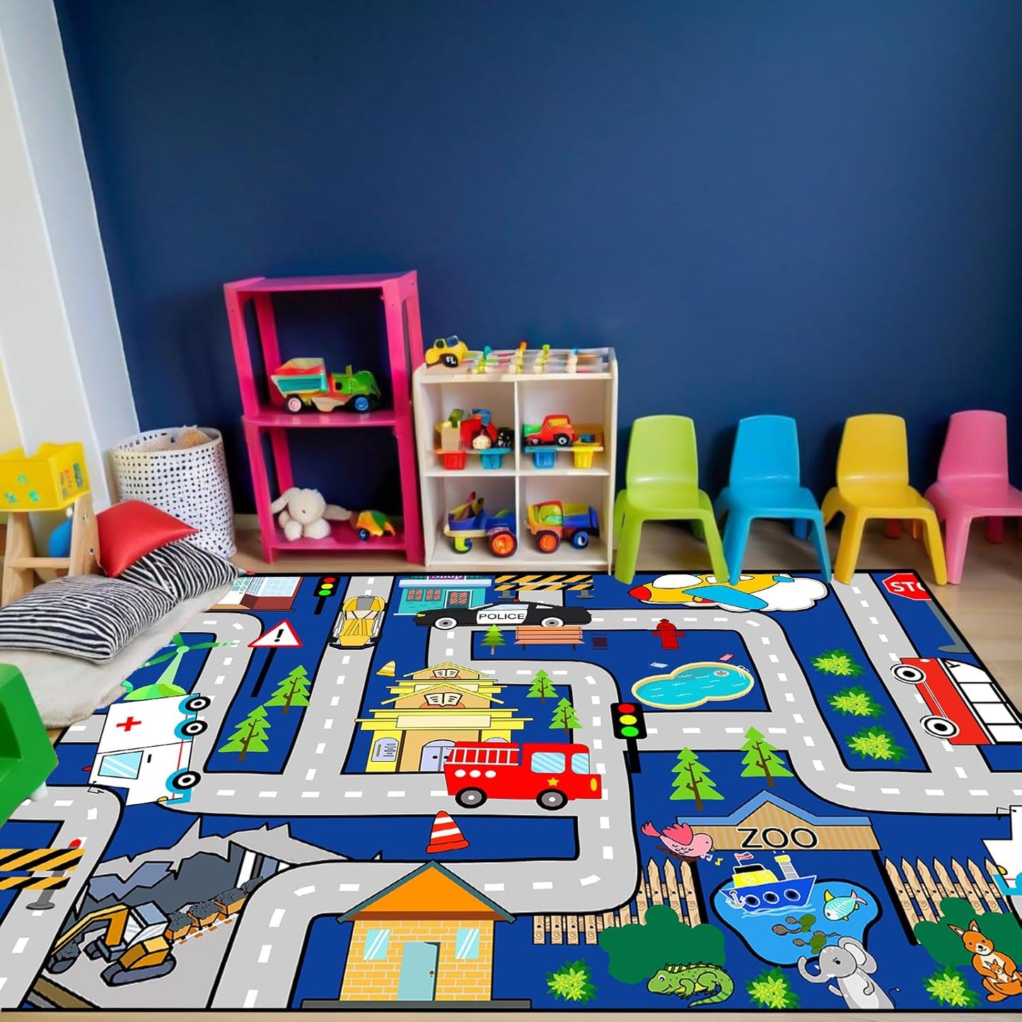 4.5x6 Kids Car Rug Play Mat - City Life Map Car Mat for Kids Toy Educational Play Traffic Road Carpet for Childrens