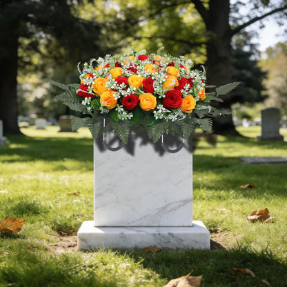 Lodou Artificial Cemetery Flower Saddles for Graves – 10 Pcs Silk Fern & 40 Realistic Rose Blossoms with Metal Headstone Holder –Resistant Memorial Flowers for Tombstone Decor (Red Yellow)