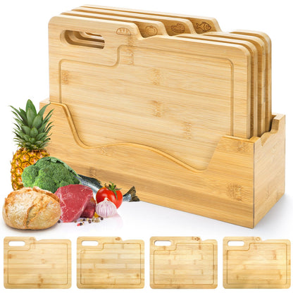 ZENFUN 4 Pack 12.5"L x 9.8"W Bamboo Cutting Boards with Holder, Wood Cutting Board Set, Chopping Boards Set with Food Icons, Kitchen Cutting Board Ideal for Meat, Fish, Bread, Vegetable, Fruit