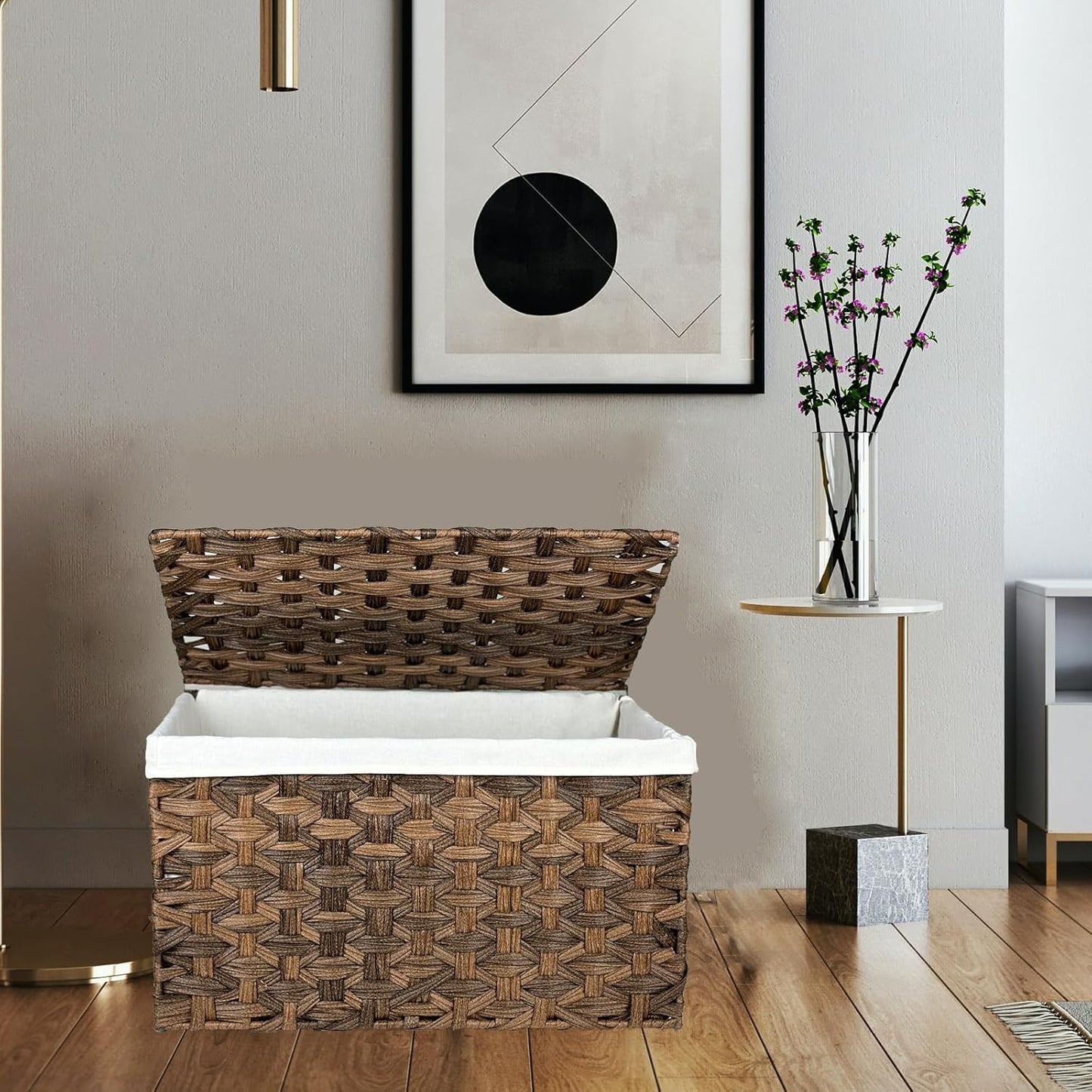 Storage Basket with Lid, 17.2 Gallon Wicker Storage Trunk with Handles, Handwoven Basket for Living Room