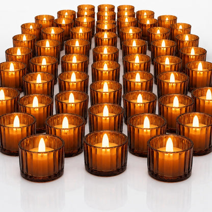 Mumufy 100 Pcs Glass Tealight Candle Holder Ribbed Votive Candle Holder for Centerpiece Wedding Proposal Spa Aromatherapy Meditation Home Decor (Amber)
