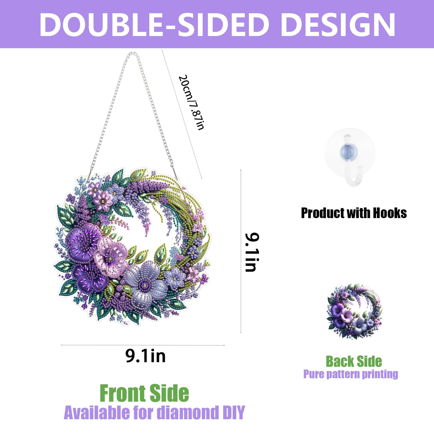 Eiflow Spring Diamond Art Hanging Kit for Adults, DIY Diamonds Painting Door Hanging Board Kit, Special Crystal Diamond Art Painting Pendant Ornament (Flower Wreath)