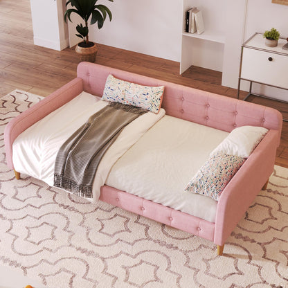 Bellemave Twin Upholstered Daybed with 4 Support Legs, Corner Bed, Upholstered Bedframe for Kids,Teens,Adults, Pink (Linen)