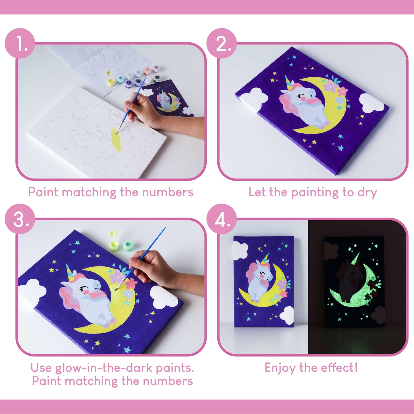 BONNYCO Paint by Numbers Kit for Kids Unicorns Pack 3 Canvas. Paint by Number, Canvas Framed Pre Drawn. Unicorn Gifts for Girls, Arts and Kids Crafts 4-6 8-12. Pintar por Numeros, Unicorn Craft