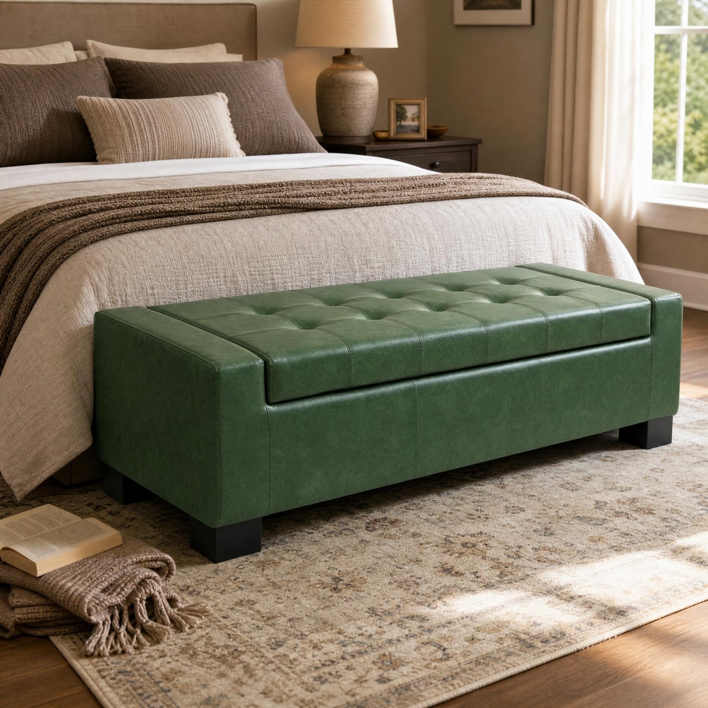 Christopher Knight Home Vance Tufted Storage Ottoman Bench, PU Upholstered Ottoman with Storage, Modern Bedroom End of Bed Bench with Storage, Comfy Living Room Sofa Extra Seat, Green+Black
