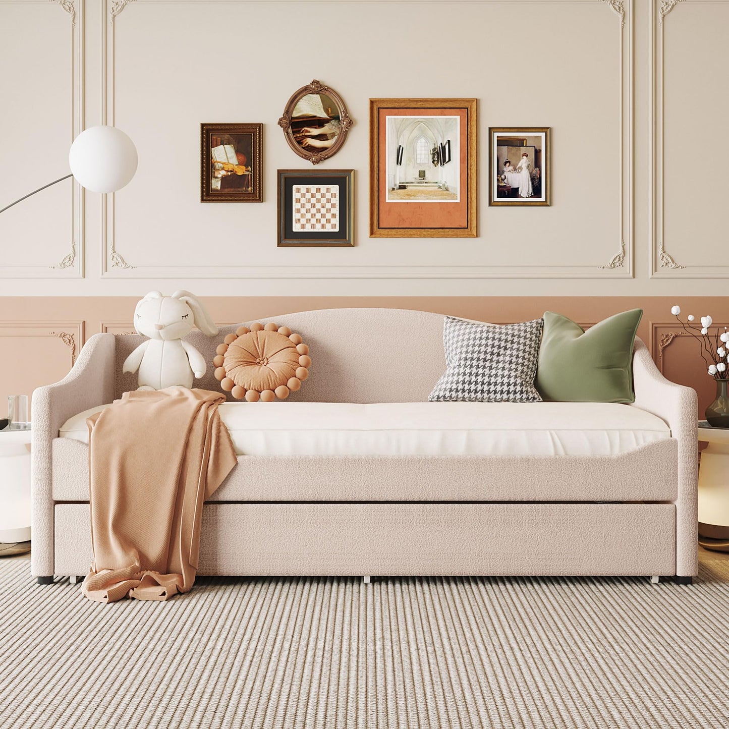 Twin Size Teddy Fleece Upholstered Daybed with Trundle and LED Lights, Daybed Frame with Stripe Design, Soft Fabric Sofa Bed with Slat Support, Space Saving Bed for Bedroom Living Room, White