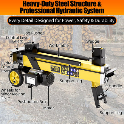 PPOLB 7 Ton Electric Wood Splitter, 15Amp Hydraulic Log Splitter with Detachable Cross Blade Cutting Head, Portable Firewood Splitter, Compact Horizontal Design for Backyard, Garage, Cabin - Yellow