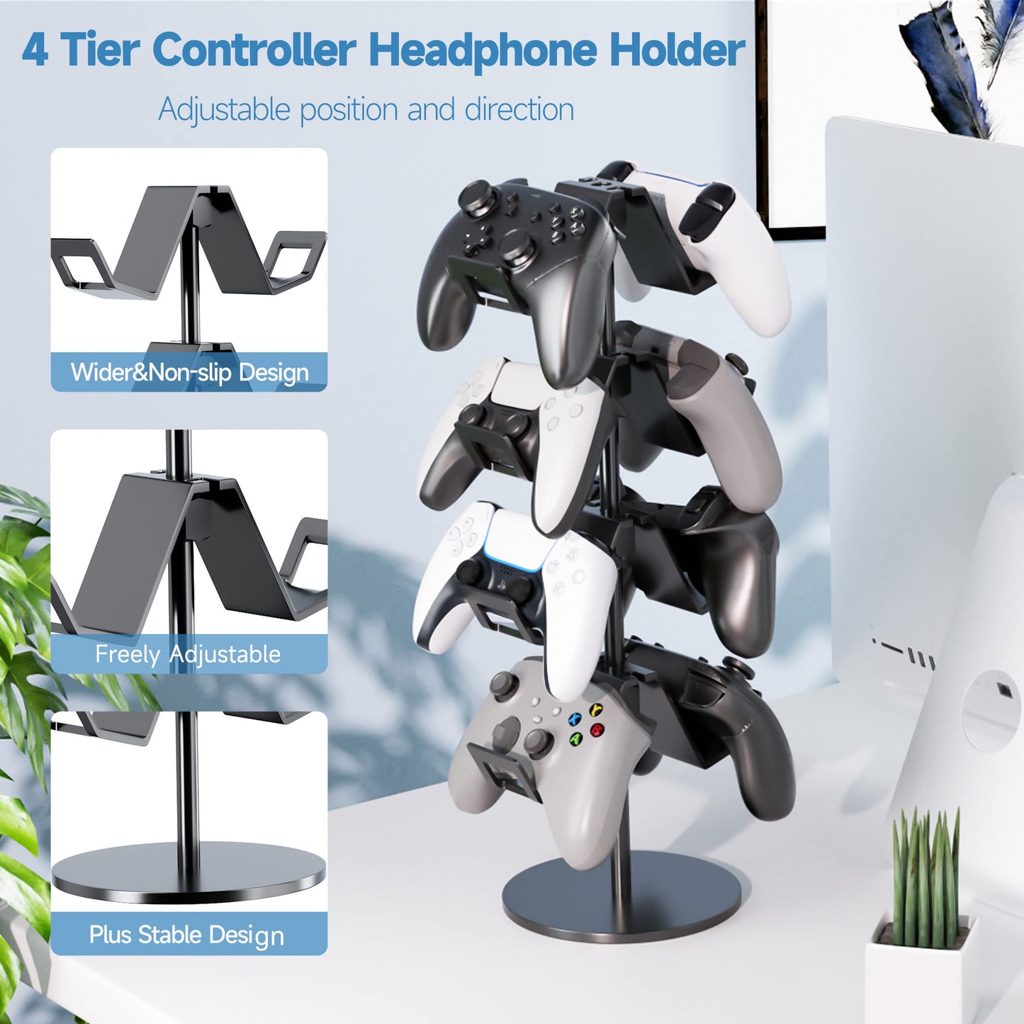 Karanava Controller Holder 4 Tier,Headphone Stand - Adjustable Headset Holder for Xbox PS5 PS4 Switch Pro - Gaming Storage for Universal Game Accessories,Desk/Floor(Black)