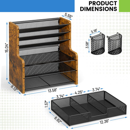 DAOUTIME 6-Tier Mesh Desk Organizer with Drawer, Wooden Office Organizer for Papers, Folders & Office Supplies - Sturdy Desktop File Holder with 2 Pen Holders - Space Saving Home Office Accessories