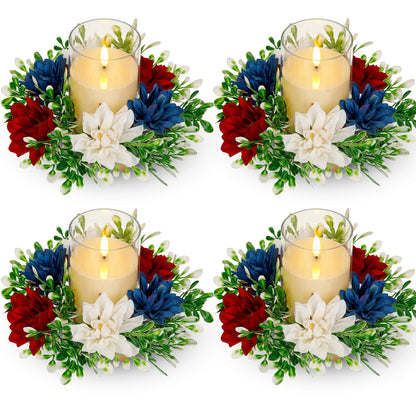 Yunlly 4 Pcs Artificial Dahlia Candle Rings Wreaths, Patriotic Red White and Blue Floral Rings Holders with LED Flameless Candles for 4th of July Independence Day Memorial Day Table Centerpiece