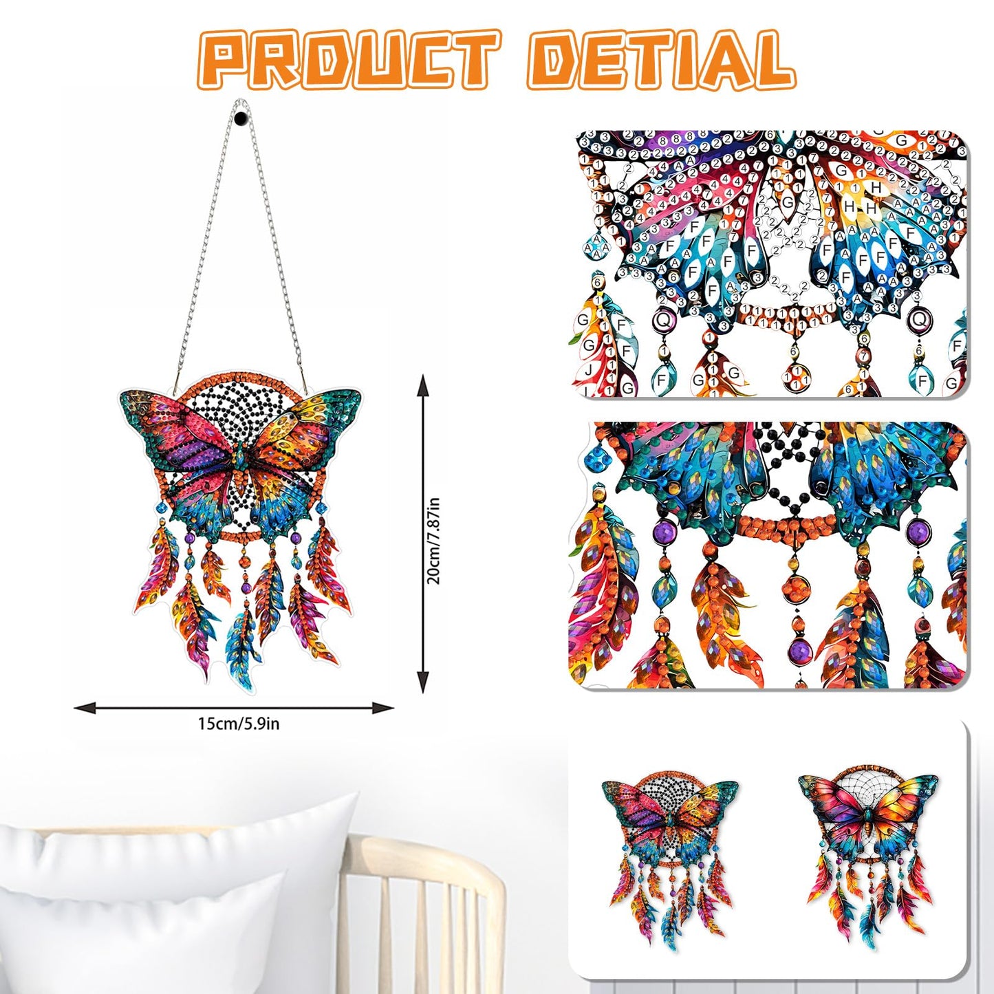 KEYIFA Butterfly Diamond Art Hanging Kits with Chain, Special Shaped Drill Diamond Painting Pendant, Dreamcatcher Crystal Gem Art Pendant 5D Window Crafts for Wall Garden Door Decor, Width 7.9inch