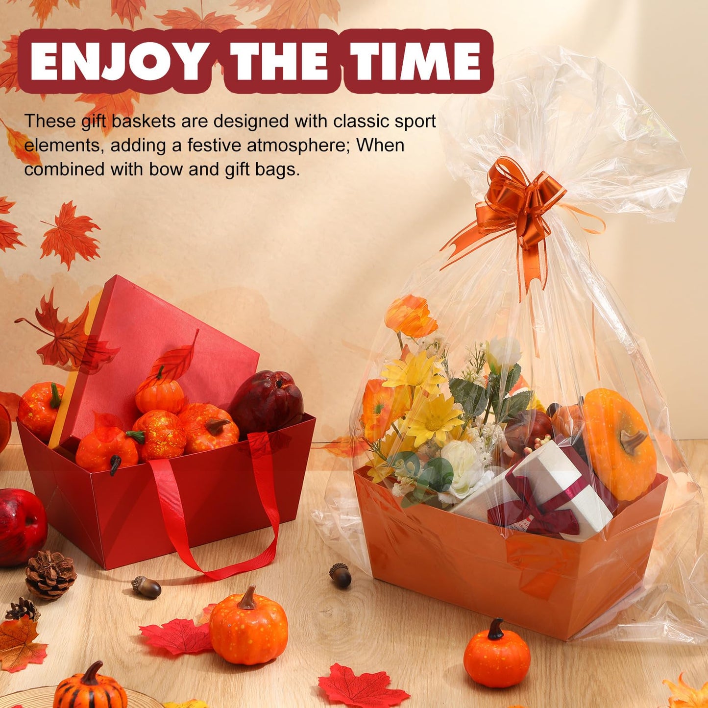 Funnymoom 24 Pcs Fall Basket for Gifts Empty Orange Brown Green Gift Basket Empty to Fill with Handle, Clear Bag and Bow for Autumn Thanksgiving Party Favor Supplies, 9.8 x 6.5 x 4.3''