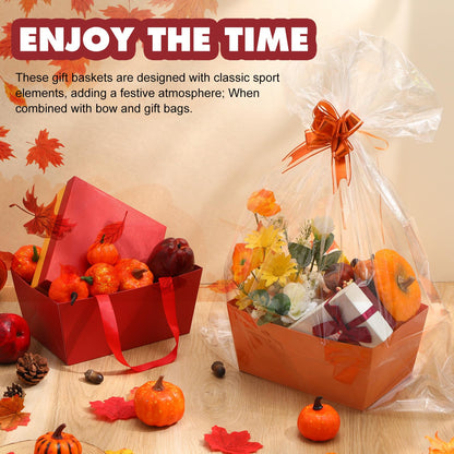Funnymoom 24 Pcs Fall Basket for Gifts Empty Orange Brown Green Gift Basket Empty to Fill with Handle, Clear Bag and Bow for Autumn Thanksgiving Party Favor Supplies, 9.8 x 6.5 x 4.3''