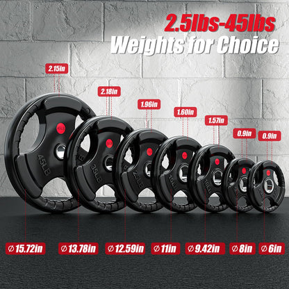 Gikpal Olympic Weight Plates, 2-Inch Three-Grip Rubber Coated Barbell Plates with Steel Hub, Cast Iron Weights for Strength Training & Home Gym, Pair or Sets (2.5–45LB)