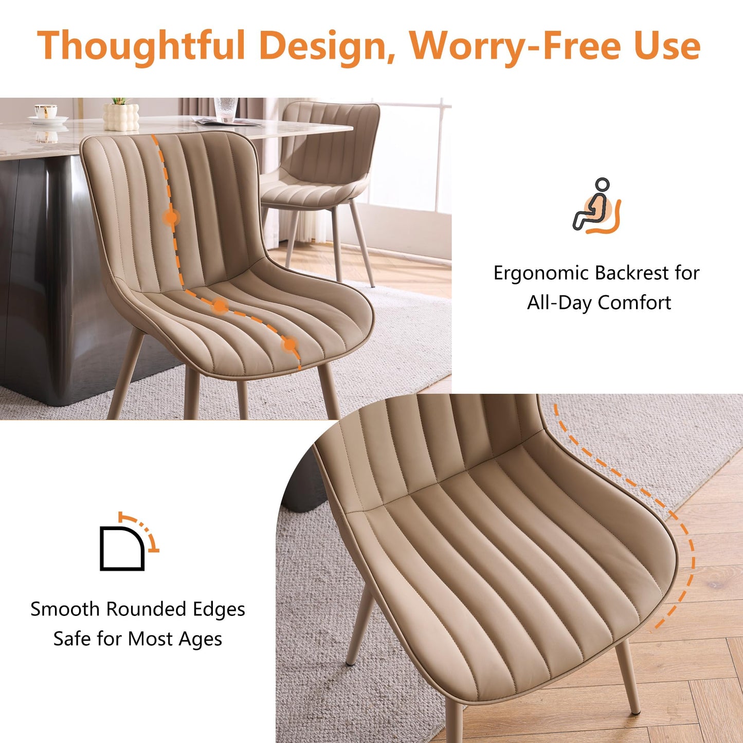 YOUNUOKE Mid-Century Modern Dining Chairs Set of 2, Khaki PU Leather Upholstered Kitchen Chairs with Khaki Metal Legs, Armless Accent Chair for Dining Room, Guest Reception Room