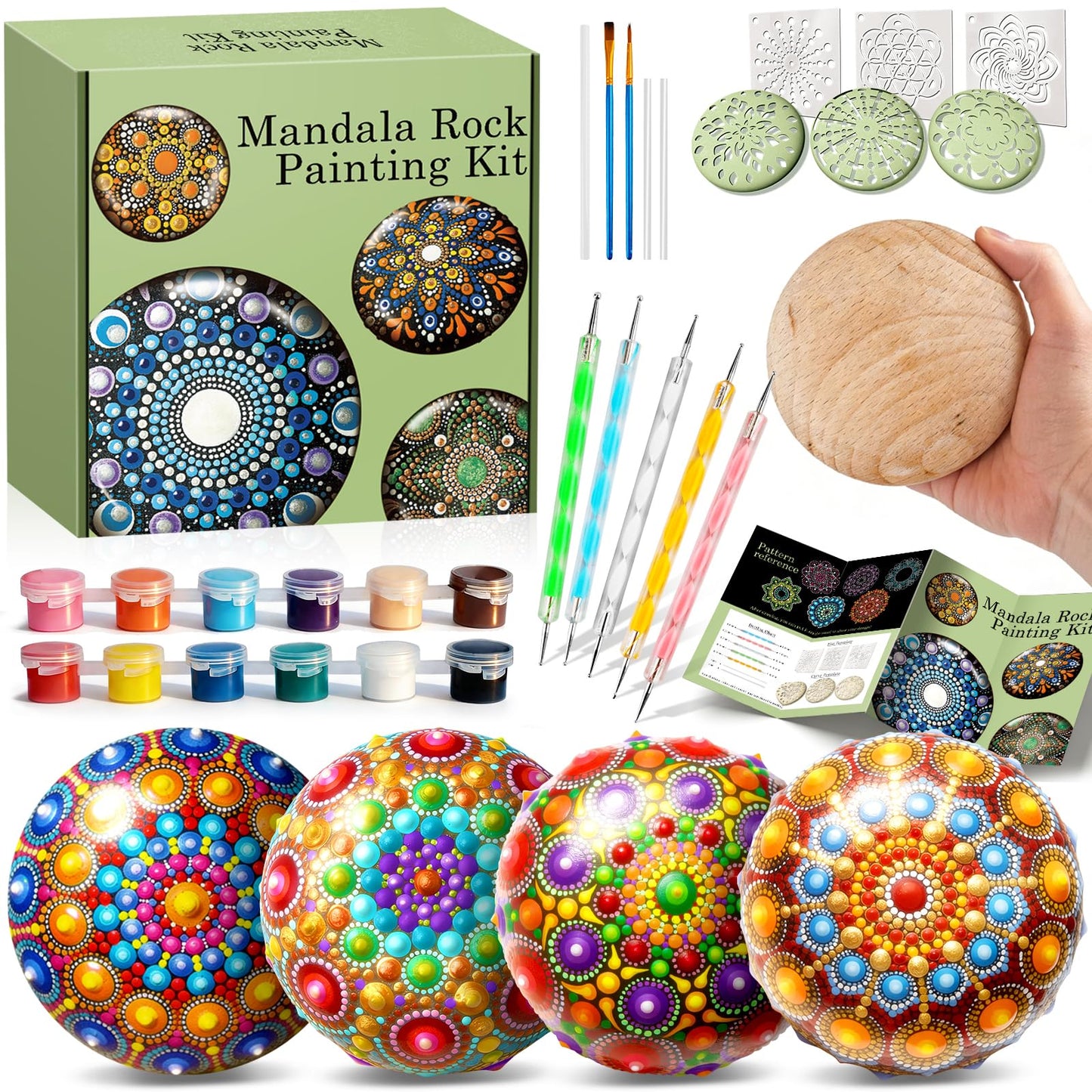 Mandala Rock Painting Kit - Mandala Dotting Tools Kit - 5 Large Wooden Rocks for Painting with 6 Stencil Supplies, Dotting Tools for Painting - Dot Art and Crafts for Adults Women - Mothers Day Gift