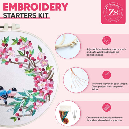 The ZenStore Birds & Flowers Embroidery Kit for Adults – Beginner DIY Hand Embroidery Set with Hoop, Stamped Fabric, Thread & Needles – Floral and Plant Pattern Sewing Craft Kit for Women & Teens