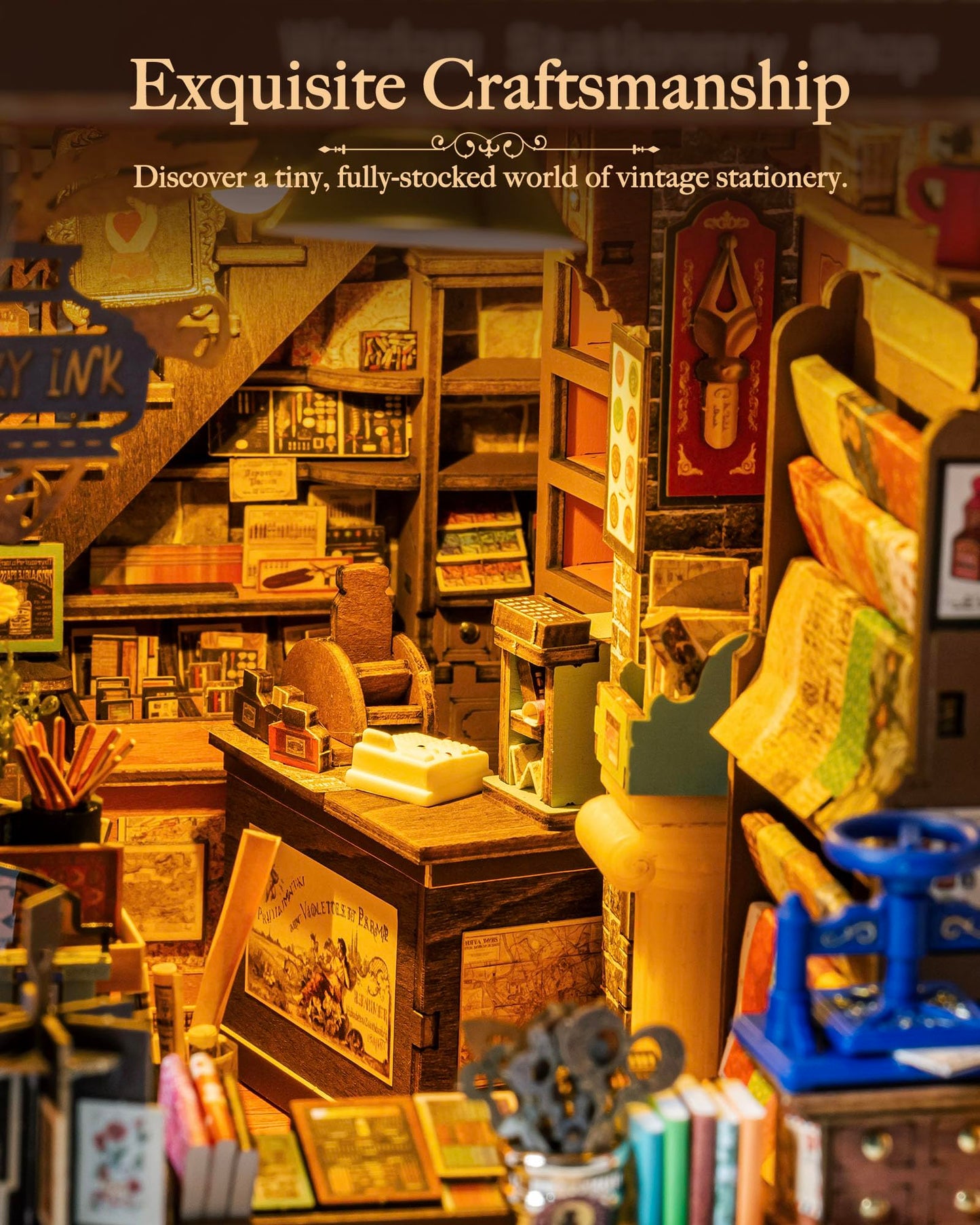 Rolife Wisdom Stationery Shop DIY Book Nook Kit, 8-Hour Advanced Level 3D Wooden Puzzle, Bookshelf Insert Decor, Miniature House Kit with LED Light, Cozy Reading Corner Gift for Adults & Book Lovers