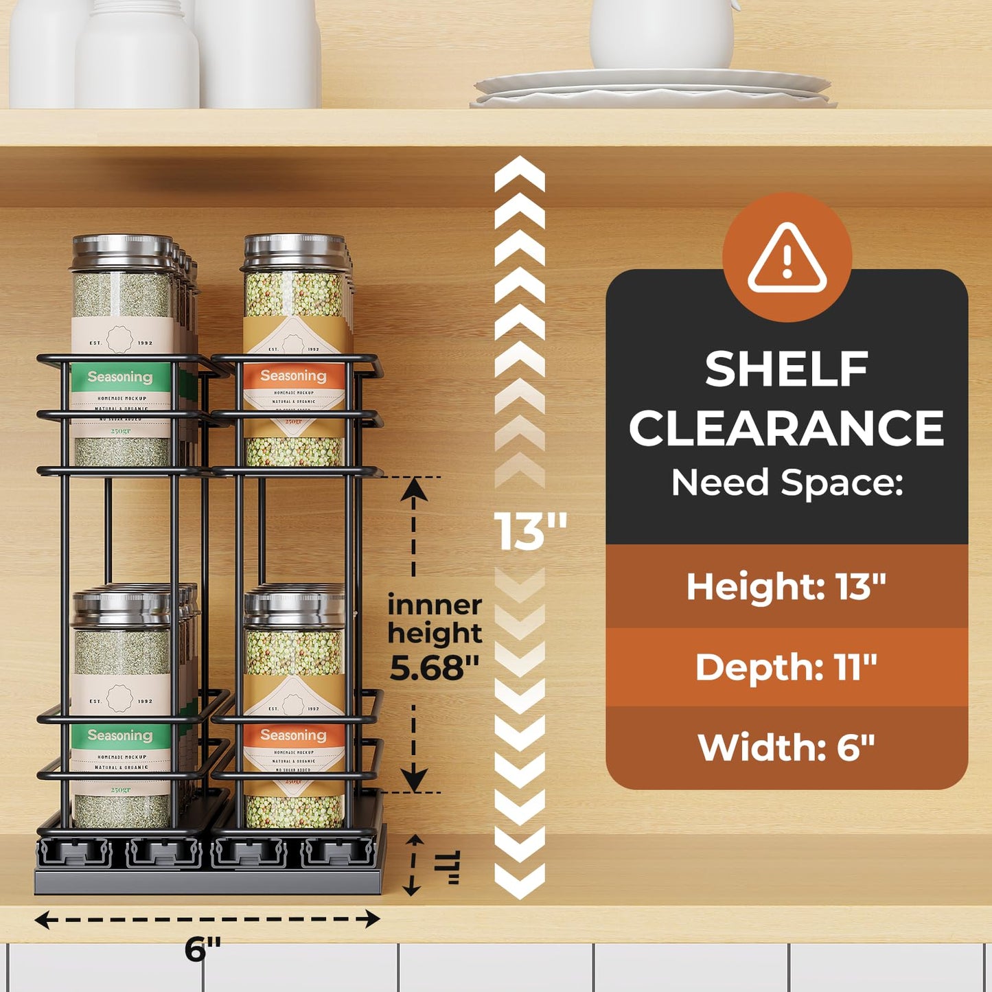 Pull Out Spice Rack Organizer for Cabinet, Slide Out Spice Racks, Easy to Install, 2.1''Wx10.35''Dx8.26''H, 3 Drawers 2 Tiers(Black)