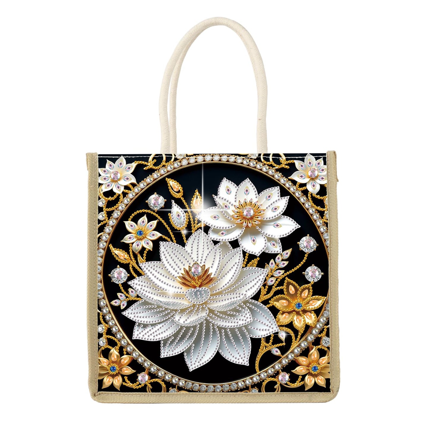 antor DIY Diamond Painting Tote Bag Kit for Adults, Lotus Flower Elegant Diamond Art Handbag Craft Storage Bag, Crystal Art Diamond Painting Bag for Casual Shopping, Travel, Daily Use, Gift