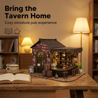 Book Nook Kit, 3D Wooden Miniature Tavern & Pub Dollhouse with LED Lights - DIY Mini House Craft Model for Adults, Birthday Valentine's Day Gift for Women Men