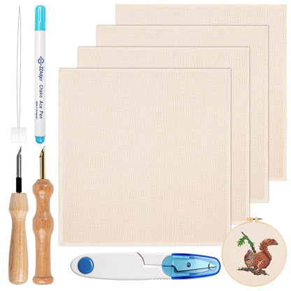 Aemygo 9 Pcs Punch Needle Fabric Kit Include Pre-Cut Monks Cloth, Embroidery Pen with Wooden Handle, Scissors and a Marking Pen, Tufting Cloth with Edging for 7.8" Embroidery Hoop
