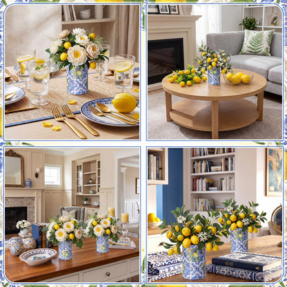 LemonRoad 6 Sets Blue Tiles Lemon Table Centerpiece for Wedding Amalfi Coast Cylinder Flower Boxes with Floral Foam Blocks Capri Mediterranean Positano Decorations Birthday Party Home Decor