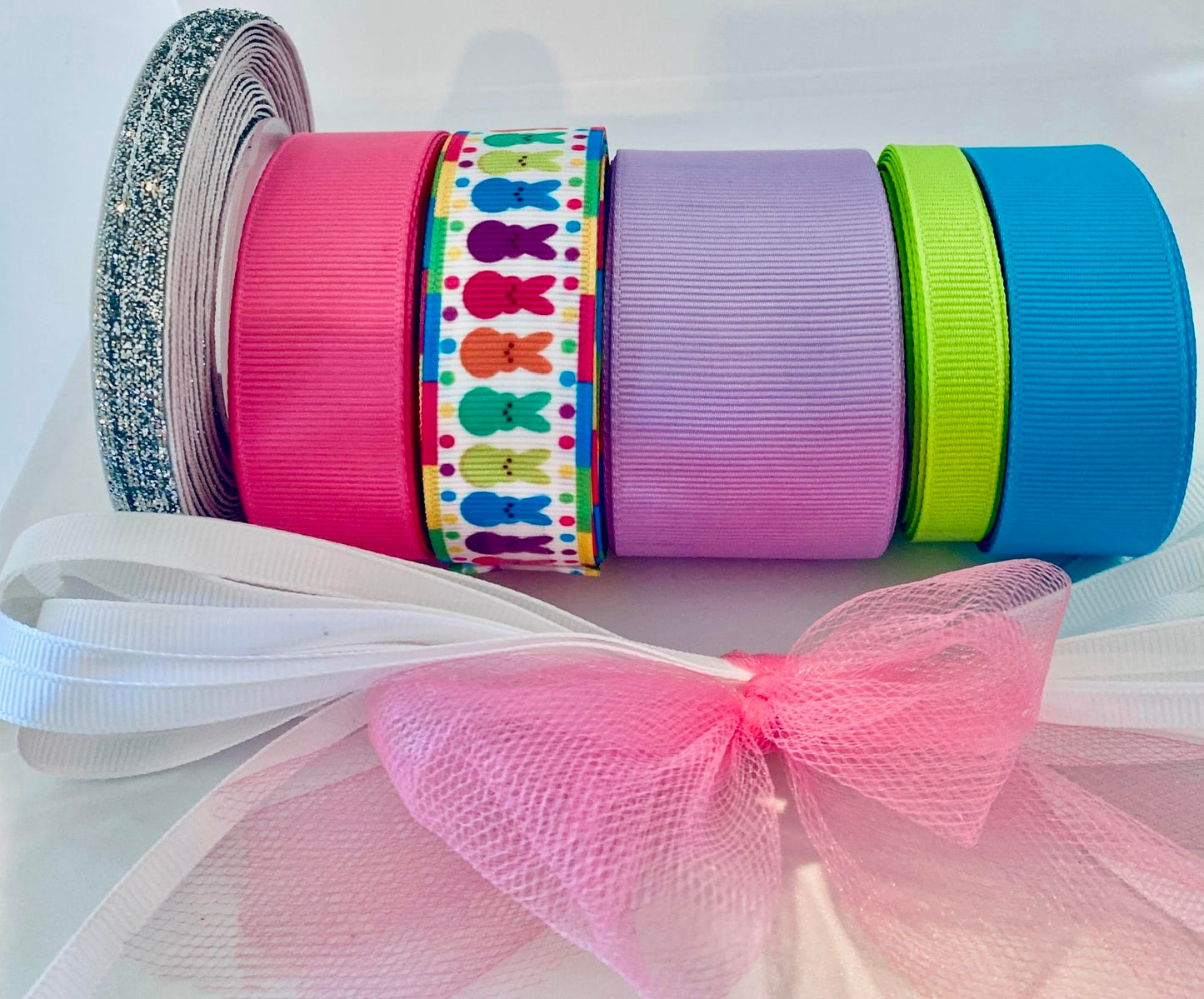 Spring Bunny Ribbon Bundle. Includes 30 Yds of Premium Grosgrain & Silver Metallic Ribbon. Great for Hair Bows, DIY Decor & Easter Crafts!