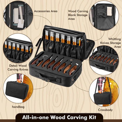 Wood Carving Kit Deluxe, 35-in-1 Whittling Kit for Beginners, With 8PCS Whittling Knives & 12PCS Detail Wood Carving Knives, Black Walnut Wood Handle, Wood Carving Kit for Beginners and Enthusiasts