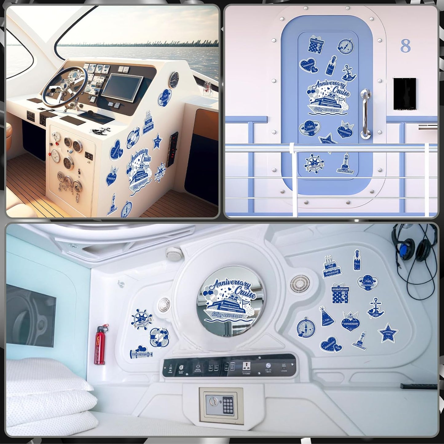 Happy Anniversary Cruise Door Magnets, Blue Silver Magnetic Decorations for Wedding Party, Refrigerator Decor