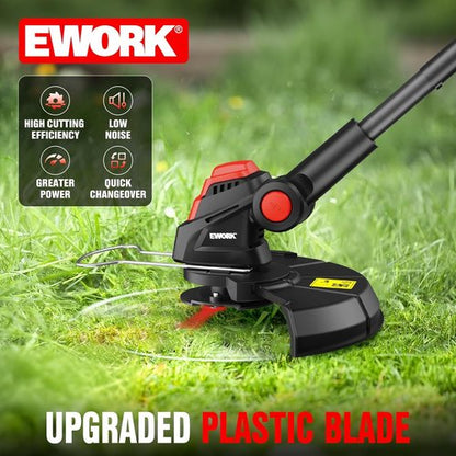 EWORK Cordless 20V Weed Wacker - 10-Inch Cutter Blade with 2×2.0Ah Batteries & Fast Charger | 2-in-1 Electric Grass Trimmer for Lawn & Garden