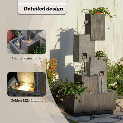 GardesT Outdoor Waterfall Fountain with LED Lights – 41.3" Tiered Resin Garden Fountain for Patio, Yard, or Backyard – Weather-Resistant Design Modern Decor