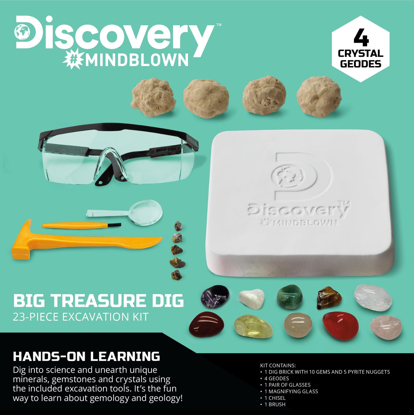 Discovery™ Big Treasure Dig STEM Kit – 23-Piece Excavation Set for Kids| Dig for 15 Gemstones, 4 Crystal Geodes & Pyrite Nuggets| Real Tools| Educational Geology Toy| Science Activity Gift| Ages 8+