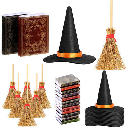Yuntau 36 Pieces Mini Halloween Decorations 12 Mini Felt Witch Hats 12 Small Brooms 12 Miniature Dollhouse Books Tiny Witch Accessories Set for DIY Crafts Halloween Party Decor Supplies